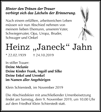 Traueranzeige von Heinz Jahn von Super Sonntag Aschersleben
