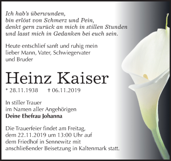 Traueranzeige von Heinz Kaiser von Mitteldeutsche Zeitung Halle/Saalkreis