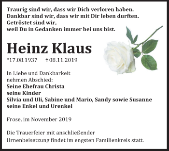 Traueranzeige von Heinz Klaus von Mitteldeutsche Zeitung Aschersleben / Quedlinburg