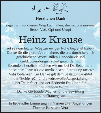 Traueranzeige von Heinz Krause von Super Sonntag Wittenberg