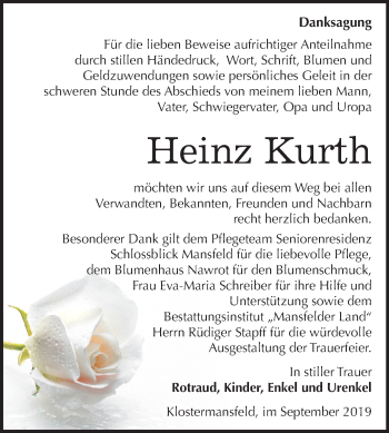 Traueranzeige von Heinz Kurth von Mitteldeutsche Zeitung Mansfelder Land