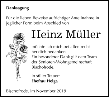 Traueranzeige von Heinz Müller von Mitteldeutsche Zeitung Mansfelder Land