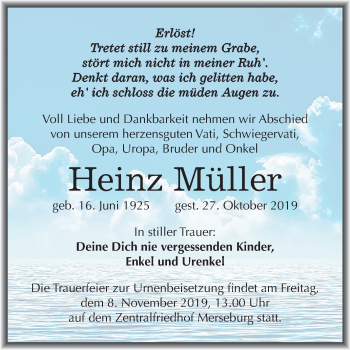 Traueranzeige von Heinz Müller von Mitteldeutsche Zeitung Merseburg/Querfurt