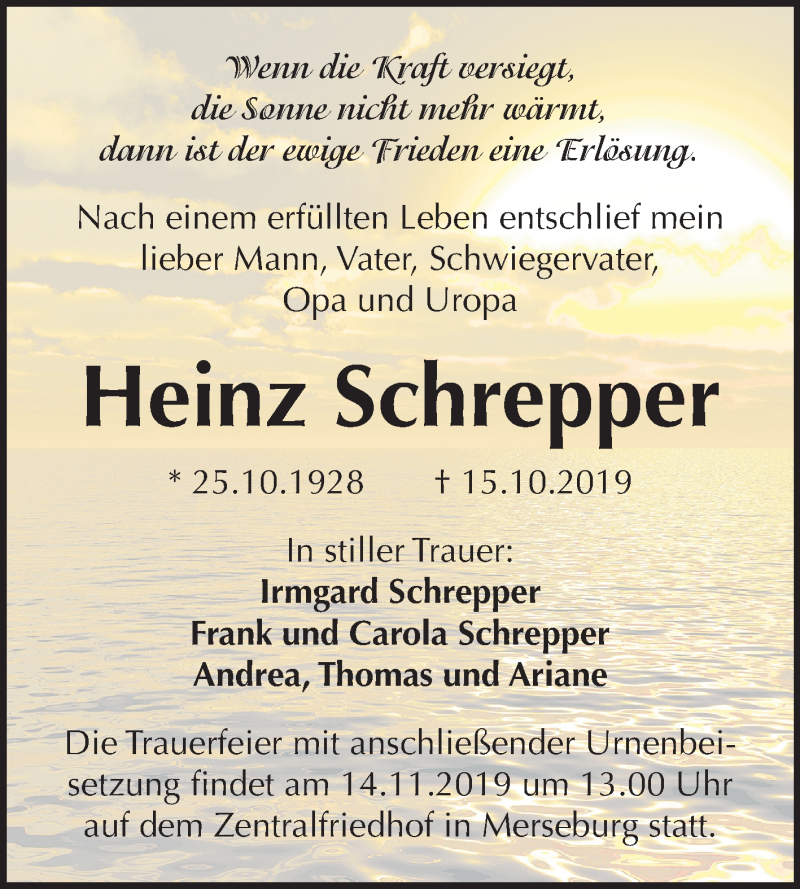  Traueranzeige für Heinz Schrepper vom 02.11.2019 aus Mitteldeutsche Zeitung Merseburg/Querfurt