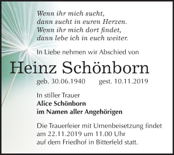 Traueranzeige von Heinz Schönborn von Mitteldeutsche Zeitung Bitterfeld