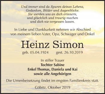 Traueranzeige von Heinz Simon von Super Sonntag Zeitz