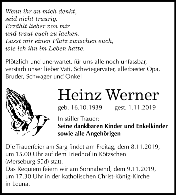 Traueranzeige von Heinz Werner von Super Sonntag Merseburg/Querfurt