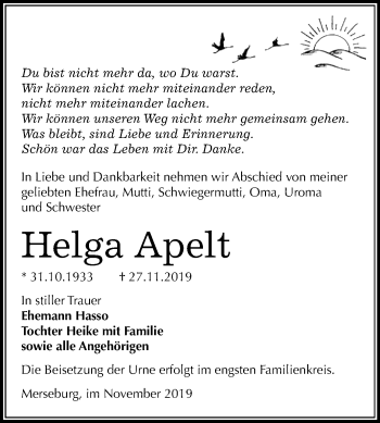 Traueranzeige von Helga Apelt von Mitteldeutsche Zeitung Merseburg/Querfurt