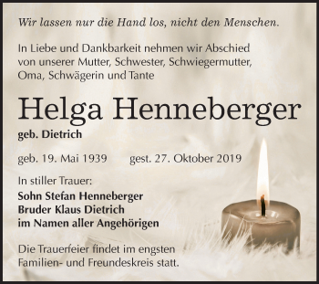 Traueranzeige von Helga Henneberger von Wochenspiegel Bitterfeld