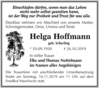 Traueranzeige von Helga Hoffmann von Mitteldeutsche Zeitung Halle/Saalkreis