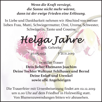 Traueranzeige von Helga Jahre von Wochenspiegel Bitterfeld