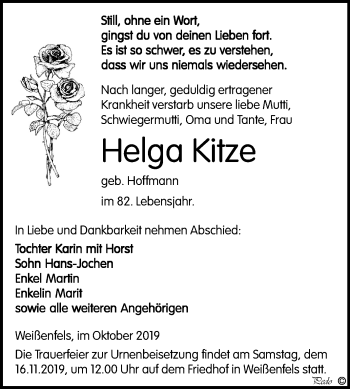 Traueranzeige von Helga Kitze von Mitteldeutsche Zeitung Weißenfels