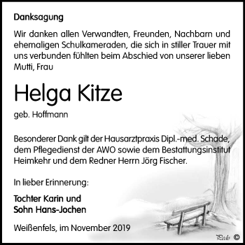 Traueranzeige von Helga Kitze von Wochenspiegel Weißenfels