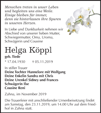 Traueranzeige von Helga Köppl von Mitteldeutsche Zeitung Wittenberg