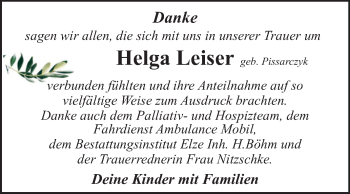 Traueranzeige von Helga Leiser von Mitteldeutsche Zeitung Dessau-Roßlau
