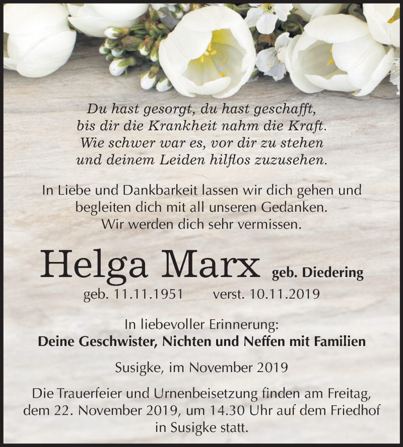  Traueranzeige für Helga Marx vom 16.11.2019 aus Super Sonntag Köthen