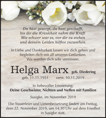 Traueranzeige von Helga Marx von Mitteldeutsche Zeitung Köthen