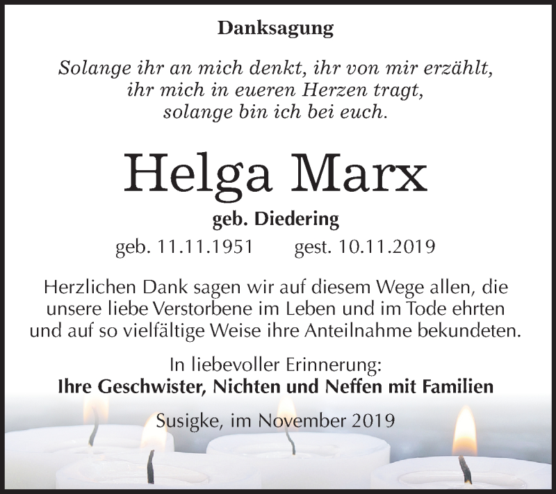  Traueranzeige für Helga Marx vom 27.11.2019 aus Mitteldeutsche Zeitung Köthen