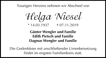 Traueranzeige von Helga Niesel von Mitteldeutsche Zeitung Halle/Saalkreis