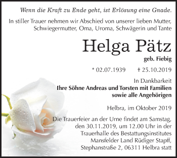 Traueranzeige von Helga Pätz von Mitteldeutsche Zeitung Mansfelder Land