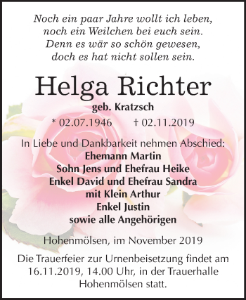 Traueranzeige von Helga Richter von Mitteldeutsche Zeitung Weißenfels