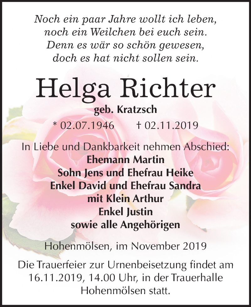  Traueranzeige für Helga Richter vom 13.11.2019 aus Wochenspiegel Weißenfels