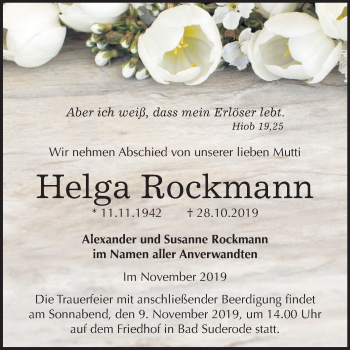 Traueranzeige von Helga Rockmann von Mitteldeutsche Zeitung Aschersleben / Quedlinburg