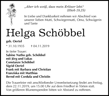 Traueranzeige von Helga Schöbbel von Mitteldeutsche Zeitung Dessau-Roßlau