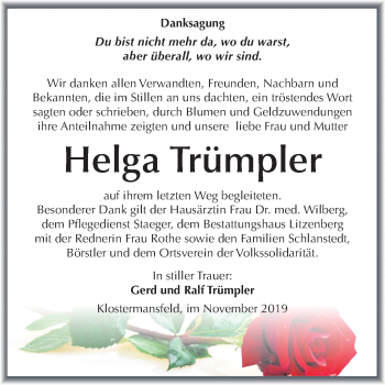 Traueranzeige von Helga Trümpler von Mitteldeutsche Zeitung Mansfelder Land