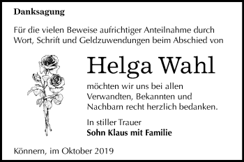 Traueranzeige von Helga Wahl von Mitteldeutsche Zeitung Bernburg