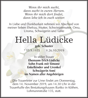 Traueranzeige von Hella Lüdicke von Super Sonntag Köthen