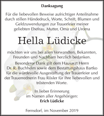 Traueranzeige von Hella Lüdicke von Mitteldeutsche Zeitung Köthen