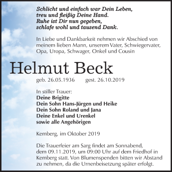 Traueranzeige von Helmut Beck von Mitteldeutsche Zeitung Wittenberg