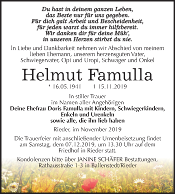 Traueranzeige von Helmut Famulla von Super Sonntag Quedlinburg