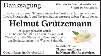 Traueranzeige von Helmut Grützemann von Super Sonntag Quedlinburg