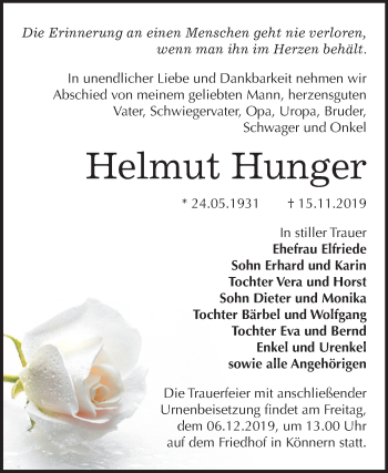 Traueranzeige von Helmut Hunger von Super Sonntag Bernburg