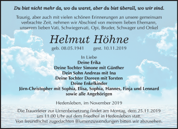 Traueranzeige von Helmut Höhne von Wochenspiegel Mansfelder Land