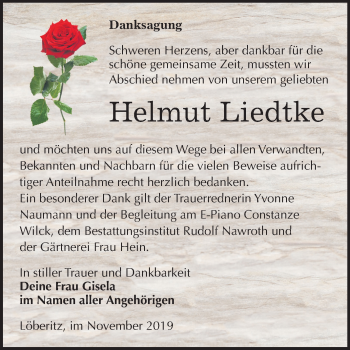 Traueranzeige von Helmut Liedtke von Mitteldeutsche Zeitung Bitterfeld
