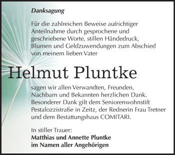 Traueranzeige von Helmut Pluntke von Super Sonntag Zeitz
