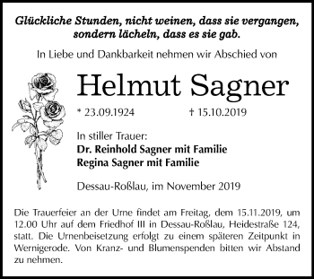 Traueranzeige von Helmut Sagner von Mitteldeutsche Zeitung Dessau-Roßlau
