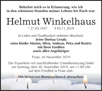 Traueranzeige von Helmut Winkelhaus von Super Sonntag Aschersleben