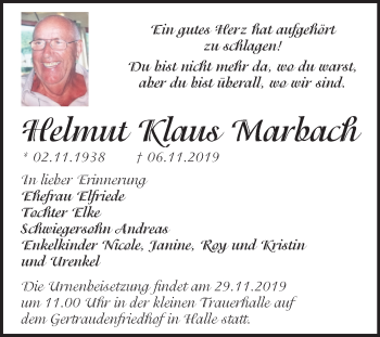 Traueranzeige von Helmut Klaus Marbach von Mitteldeutsche Zeitung Halle/Saalkreis
