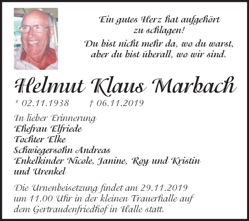  Traueranzeige für Helmut Klaus Marbach vom 16.11.2019 aus Mitteldeutsche Zeitung Halle/Saalkreis