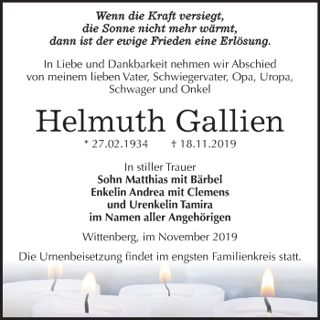 Traueranzeige von Helmuth Gallien von Mitteldeutsche Zeitung Wittenberg