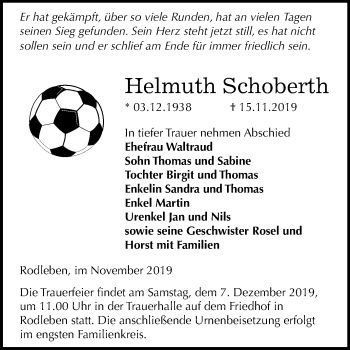 Traueranzeige von Helmuth Schoberth von Super Sonntag Dessau-Roßlau