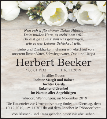 Traueranzeige von Herbert Becker von Wochenspiegel Naumburg/Nebra