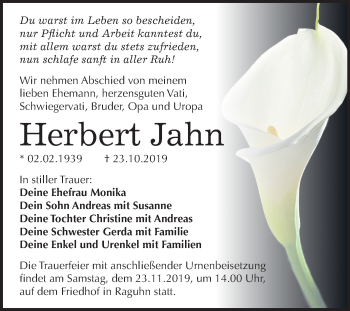 Traueranzeige von Herbert Jahn von Mitteldeutsche Zeitung Bitterfeld