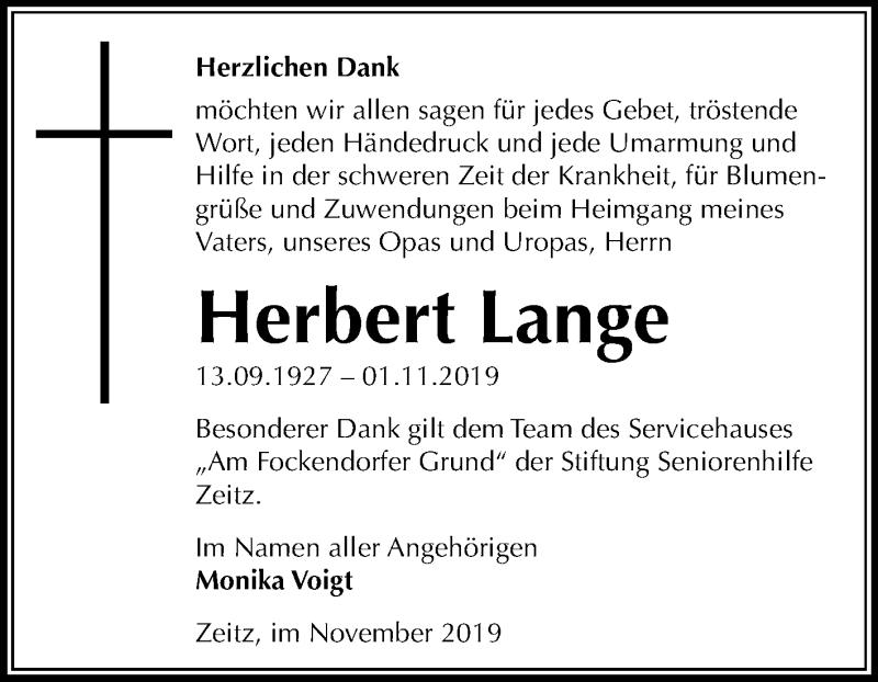  Traueranzeige für Herbert Lange vom 30.11.2019 aus Mitteldeutsche Zeitung Zeitz