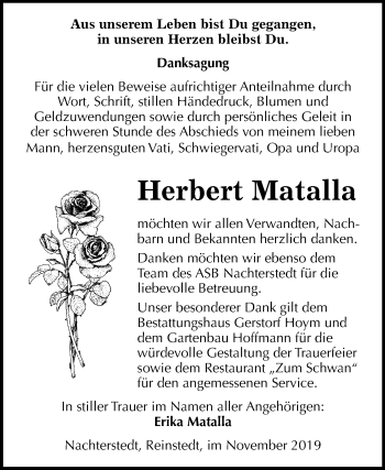 Traueranzeige von Herbert Matalla von Mitteldeutsche Zeitung Aschersleben