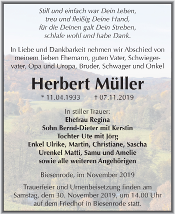 Traueranzeige von Herbert Müller von Mitteldeutsche Zeitung Mansfelder Land